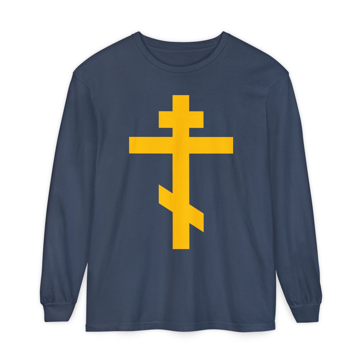 The "Yellow Orthodox Cross" Christian cotton long sleeve shirt in midnight features the Precious and Life-Giving Weapon of Unseen Warfare and Scourge of Demons, inspired by Galatians 2:20.