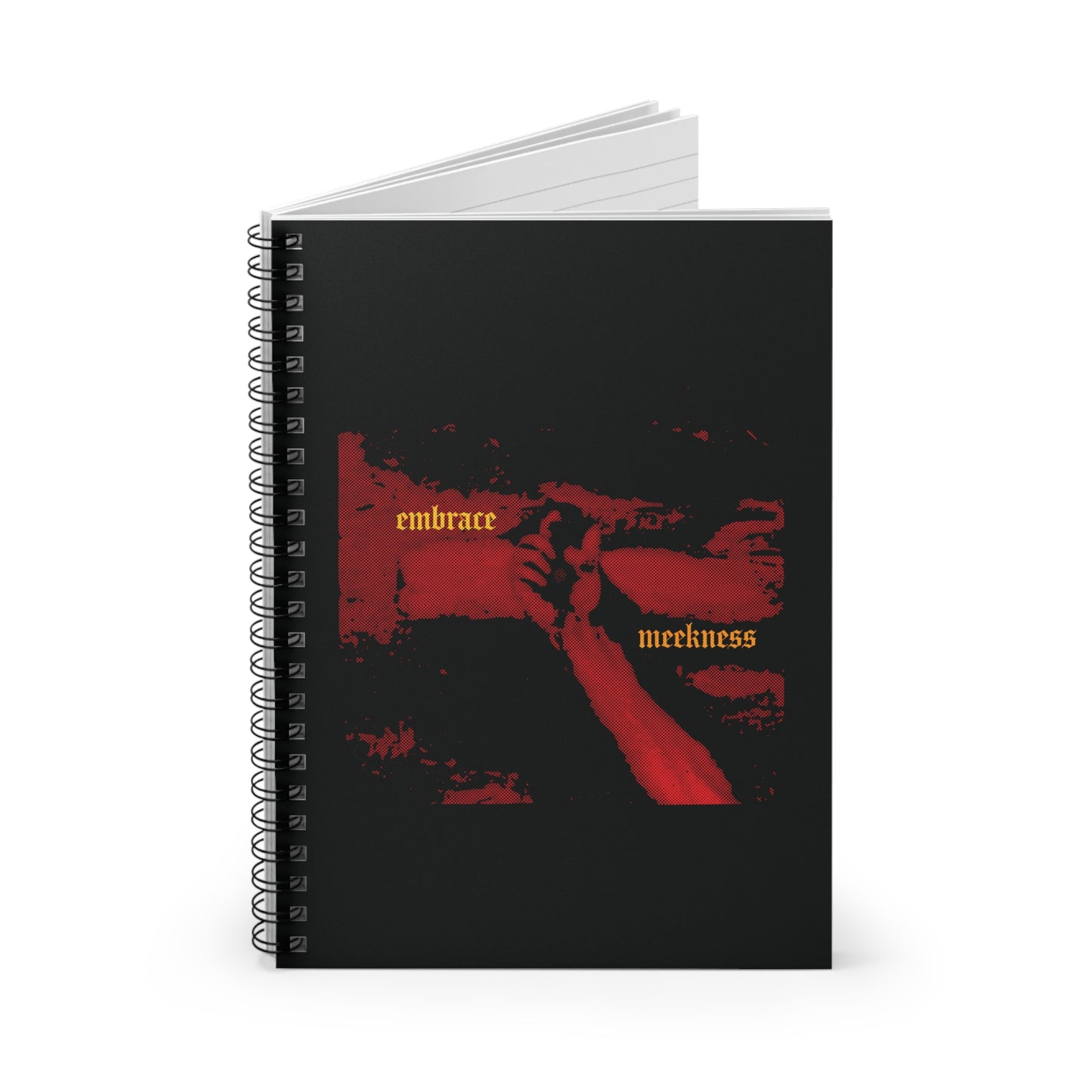 The "Embrace Meekness" spiral notebook features a haunting crucified hand of Christ cover in halftone art with gothic font—Christian inspiration reminding us that the meek shall inherit the earth.