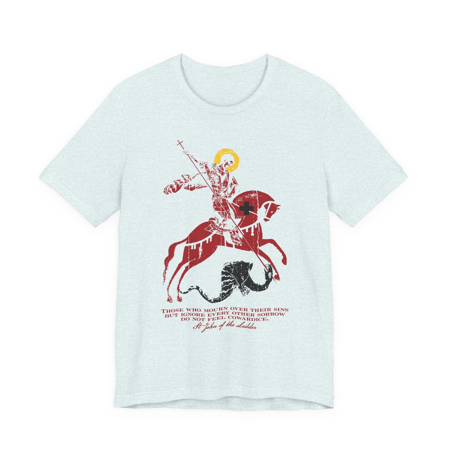 Heather ice blue t-shirt featuring an iconographic image of St George slaying the dragon, with a quote inspired by St John Climacus in red and black text beneath the graphic, reflecting on mourning over one’s sins according to God.