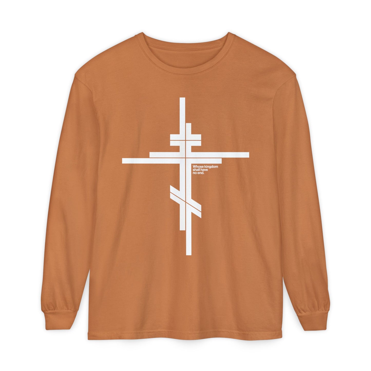 Whose Kingdom Shall Have No End | Luke 1:32-33 | Orthodox Cross | Modernist Minimalist Logo Style | Orthodox Long Sleeve Cotton Shirt