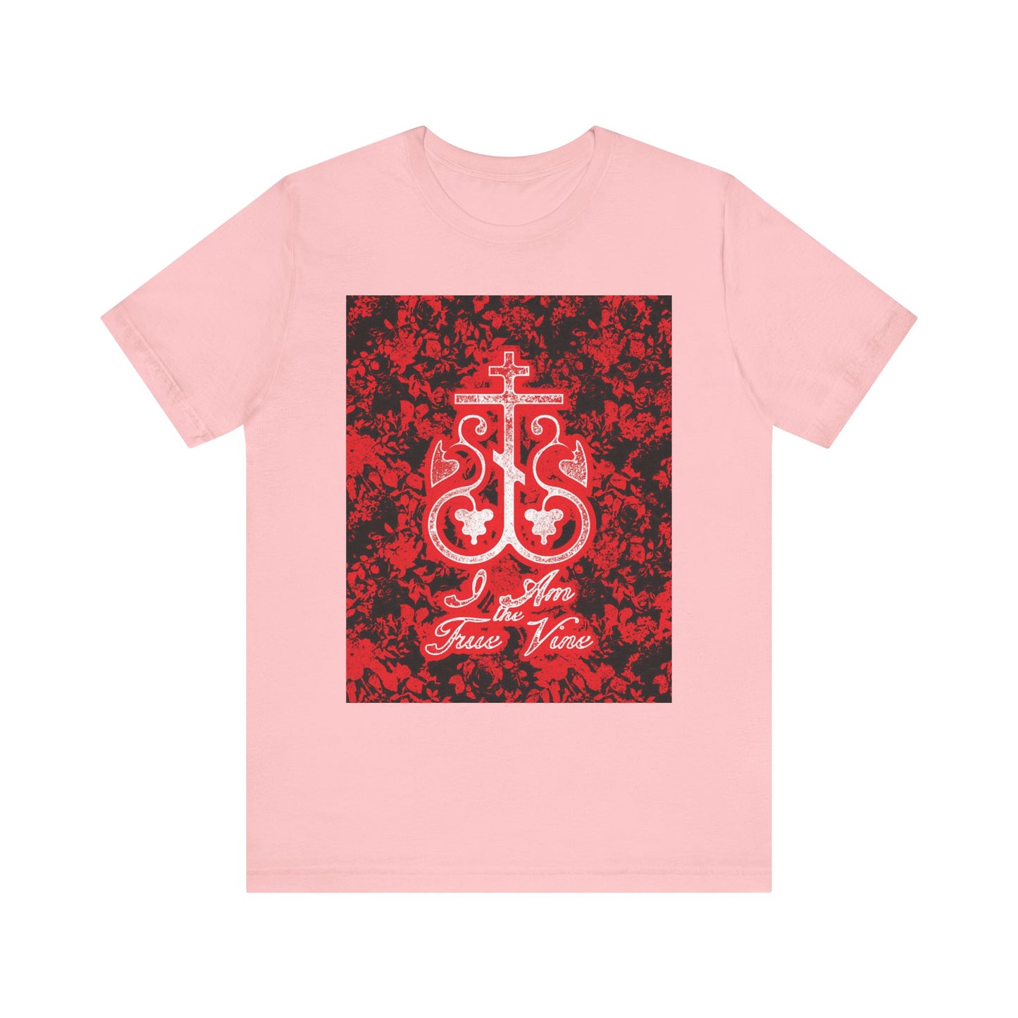 Pink Orthodox Lightweight Cotton Unisex Tee featuring a red and black floral Orthodox cross vine monogram and "I Am the True Vine" (John 15:1) graphic.