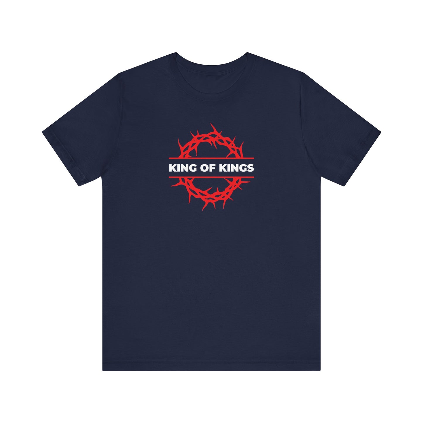 Navy King of Kings Crown of Thorns t-shirt featuring a red crown of thorns and “KING OF KINGS” in bold white lettering across the chest, inspired by Revelation 19:16 and Orthodox Christian imagery.