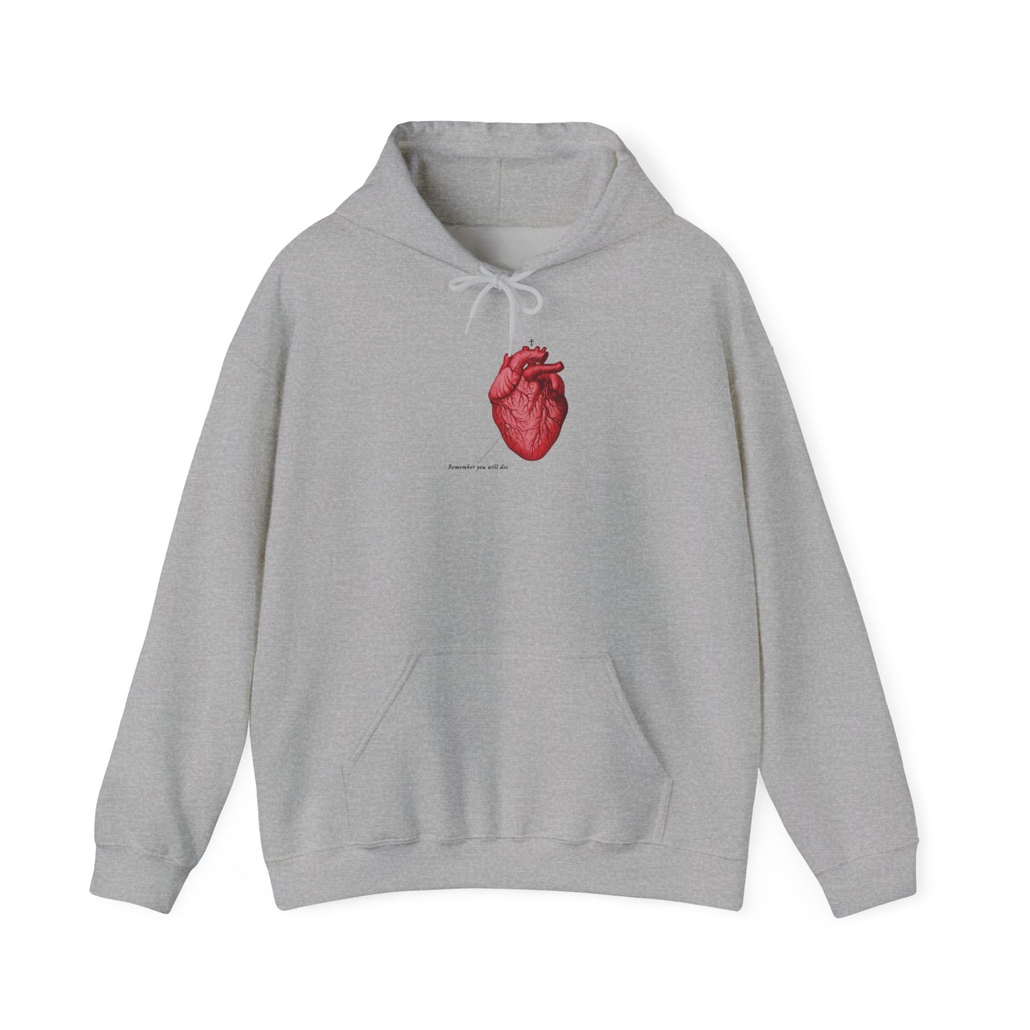 Sport grey hoodie featuring a red retro medical textbook heart graphic with an Orthodox cross and small black text reading "Remember You Will Die" and "It's Later Than You Think" on the chest, referencing Lord's mercy in a memento mori Orthodox Christian theme.