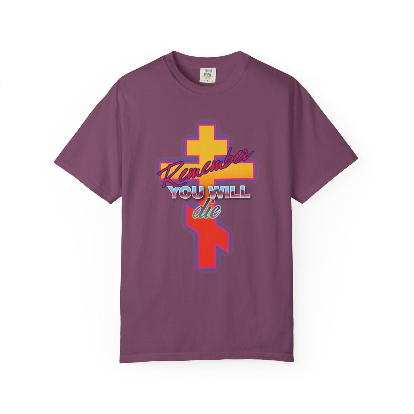 Remember You Will Die 80s Design | Glowing Synthwave Retro Orthodox Cross | Precious Life-Giving Cross | Heavyweight Cotton Unisex T-Shirt