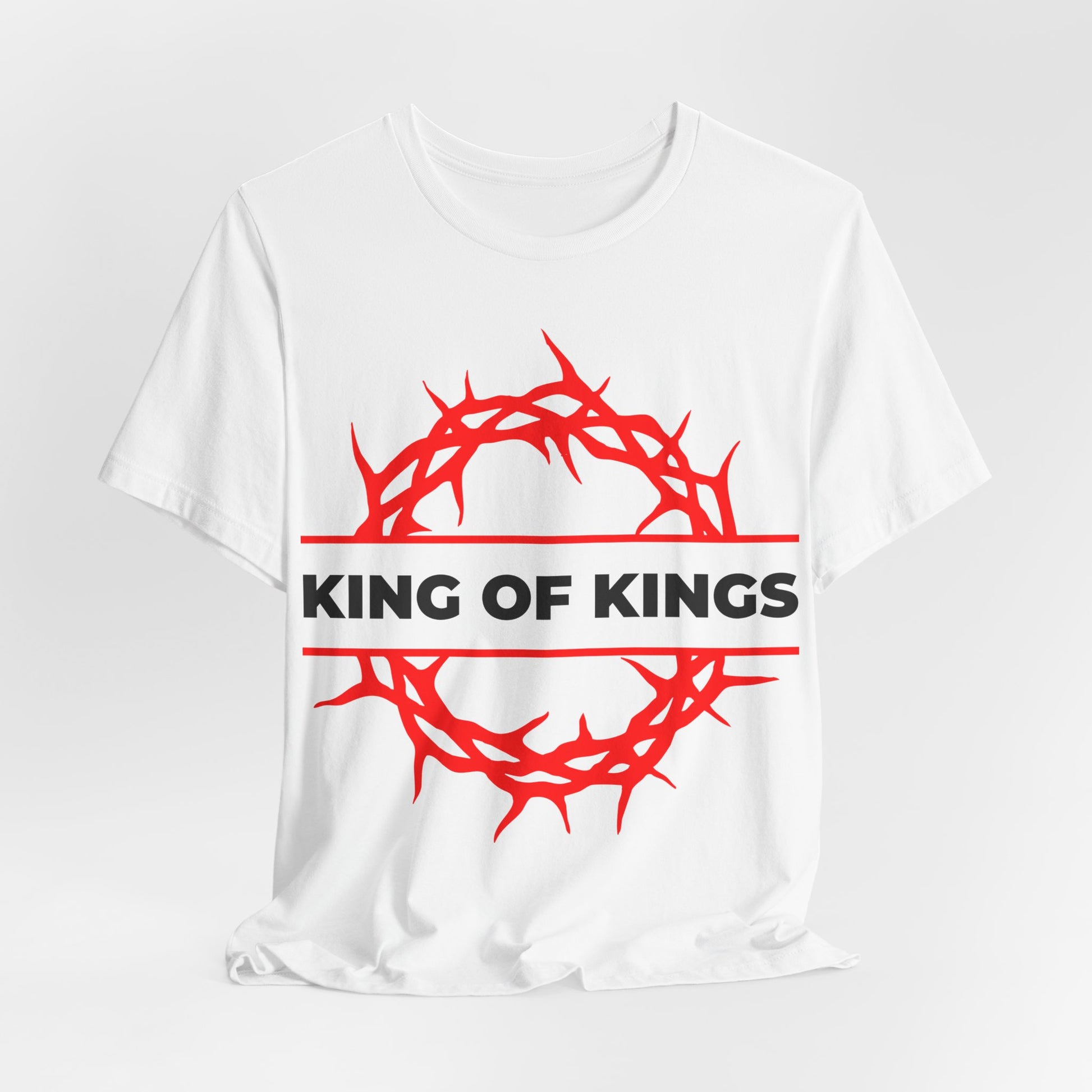 White cotton unisex tee with red crown of thorns and bold "KING OF KINGS" text, inspired by Christ's appearance in Revelation 19:16. King of Kings Crown of Thorns | The King of Glory | Orthodox Christian shirt.