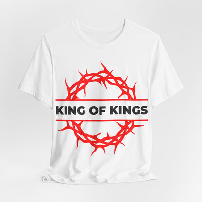 White cotton unisex tee with red crown of thorns and bold "KING OF KINGS" text, inspired by Christ's appearance in Revelation 19:16. King of Kings Crown of Thorns | The King of Glory | Orthodox Christian shirt.
