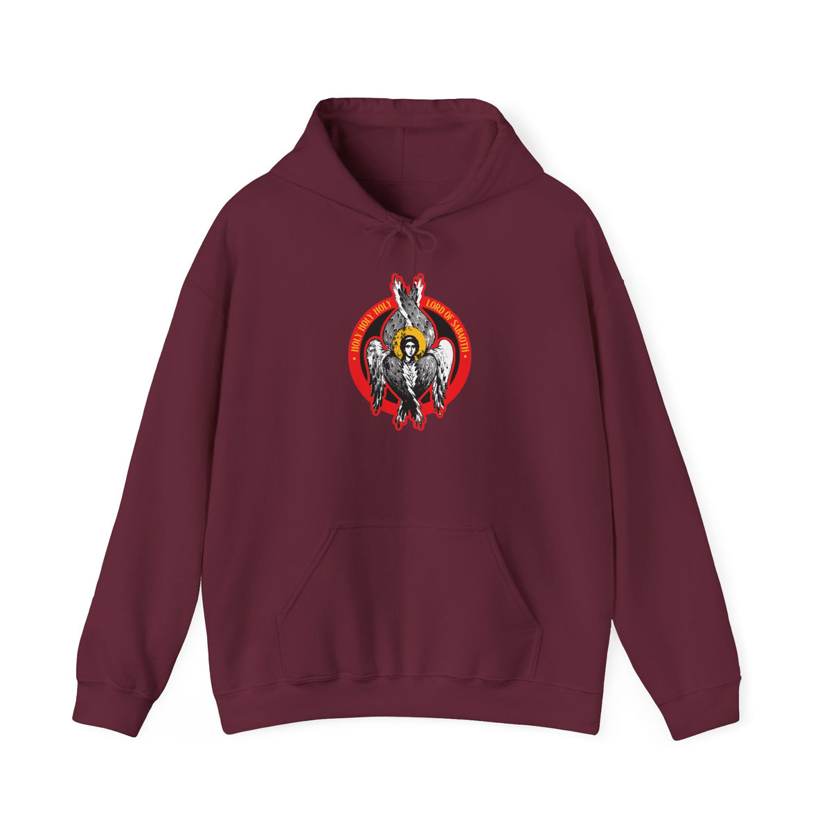Wearing the maroon “Holy Holy Holy, Lord of Sabaoth | Lord of Hosts | Unseen Realm | Isaiah 6 | Orthodox Seraphim Angel IconoGraphic | Orthodox Christian Hoodie,” you’ll find a graphic inspired by Isaiah 6 featuring an Orthodox Seraphim angel depicted as a winged figure against a red circular background on the chest.