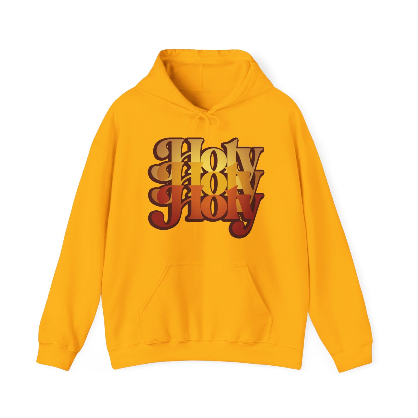 Gold “Holy Holy Holy Trisagion Liturgical Prayer” hoodie in bold 70s-style retro lettering, inspired by Isaiah 6, featuring Cherubim & Seraphim motifs for Orthodox Christian prayer.