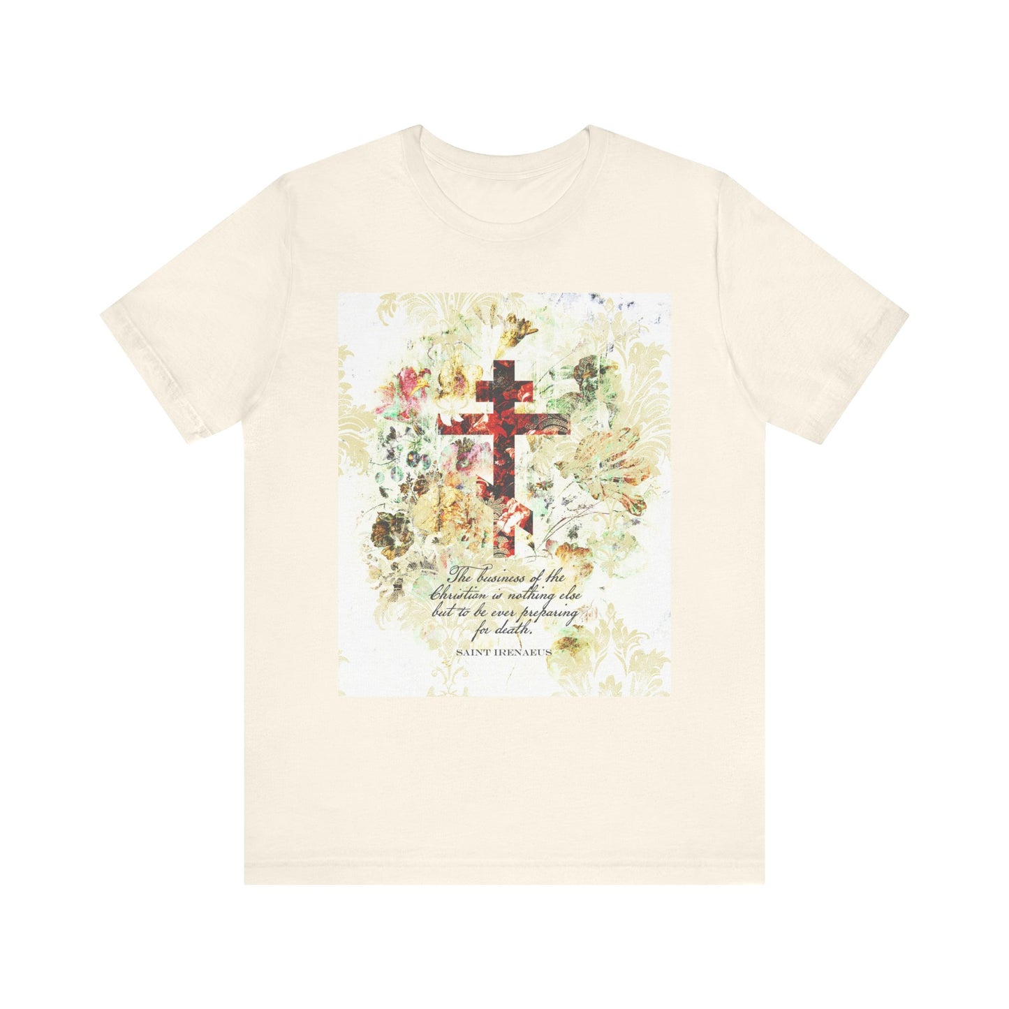 Natural lightweight cotton unisex tee featuring a white and beige floral scrapbook texture cross and Psalm 105:4 on the front, inspired by St. Irenaeus’s teachings on preparing for death.