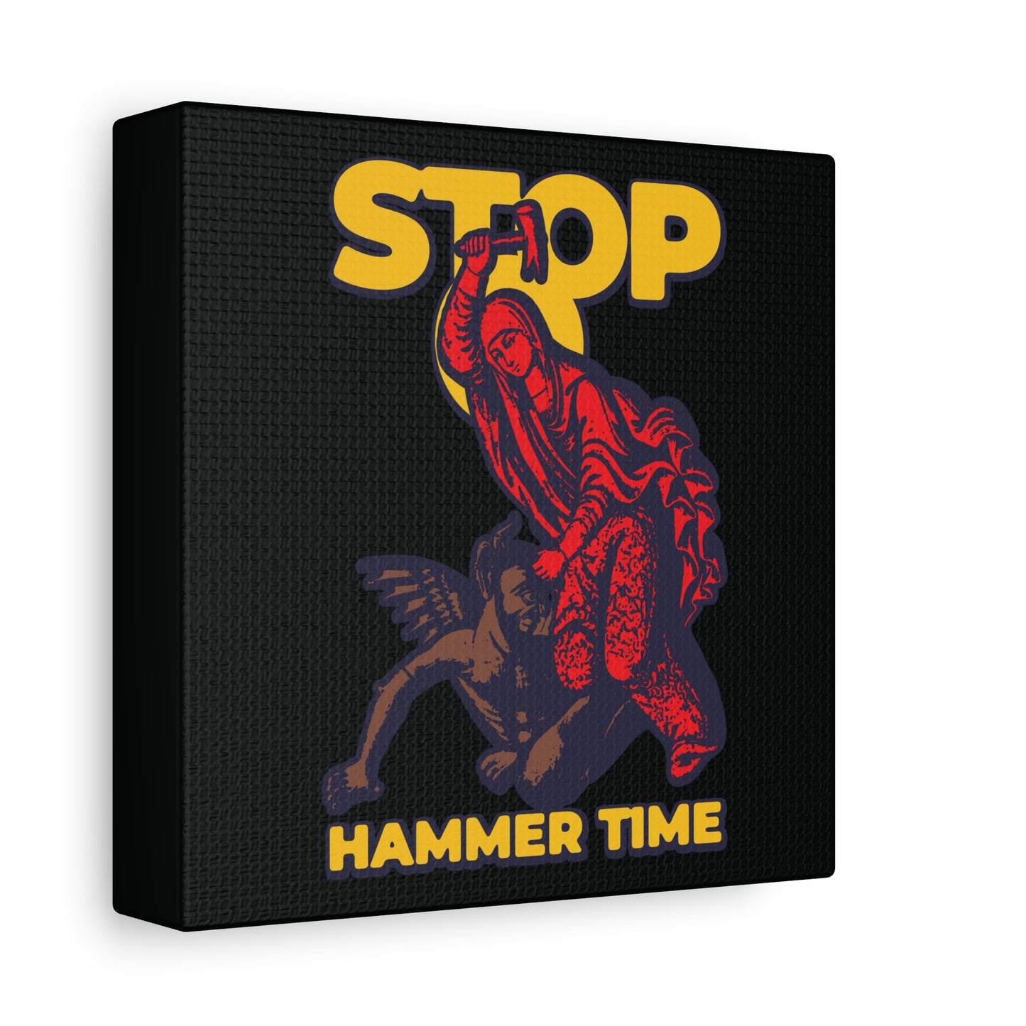 Modern Orthodox meme wall art: “St Marina of Antioch Beating the Devil with a Hammer | Stop, Hammer Time”—a colorful red, blue, and yellow illustration inspired by Christian martyr legends.