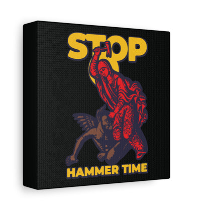 Modern Orthodox meme wall art: “St Marina of Antioch Beating the Devil with a Hammer | Stop, Hammer Time”—a colorful red, blue, and yellow illustration inspired by Christian martyr legends.