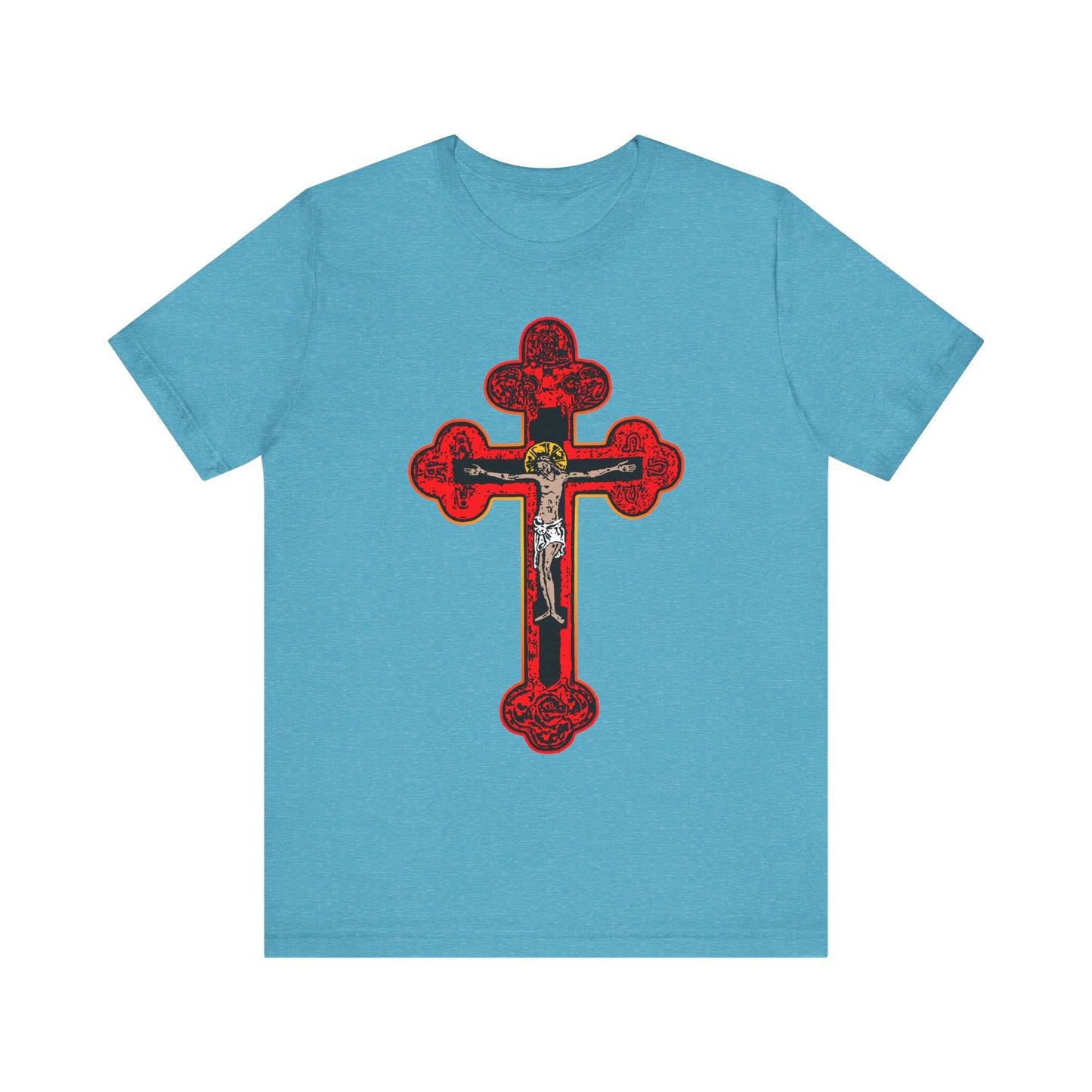 Heather aqua unisex lightweight cotton tee featuring a large red Byzantine Golgotha cross with an ornate crucifix at the center, symbolizing faith in the Son of God; includes "Alpha & Omega" and "I Am Crucified With Christ" inscriptions.