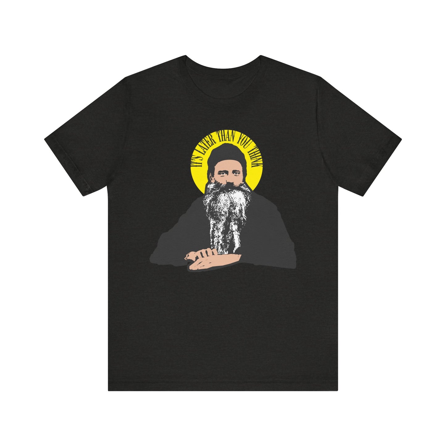 Black Heather tee featuring a modern graphic of St. Seraphim Rose with his quote "It's Later Than You Think" in a yellow halo; lightweight cotton unisex fit.