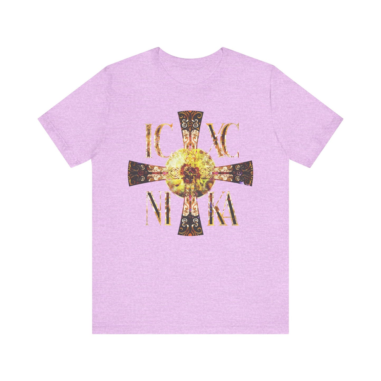 Heather Prism Lilac unisex tee featuring a bright solar texture, Celtic-style equal-armed ICXC NIKA cross, made from lightweight Orthodox cotton.