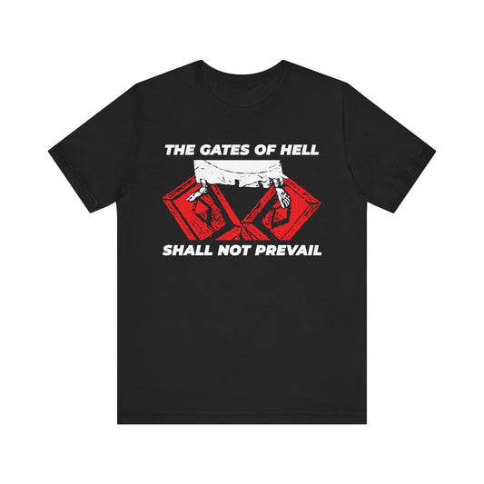 Black "The Gates of Hell Shall Not Prevail | Jesus Feet Trampling Gates of Death IconoGraphic" Orthodox Christian lightweight cotton unisex T-shirt featuring bold white text and a striking red and white graphic, inspired by the confession of Christ and the unwavering strength within the house of God.