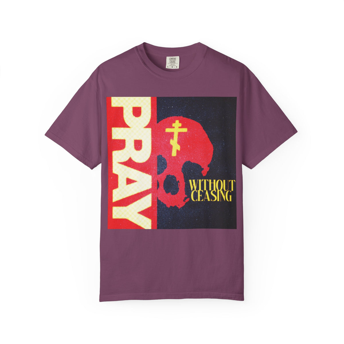 Berry Christian t-shirt featuring "PRAY WITHOUT CEASING (1 Thess 5:16)" text, a red skull, and a yellow Orthodox cross graphic on the front. Crafted from heavyweight cotton for lasting comfort, this unisex shirt blends faith-inspired style with everyday durability.