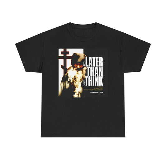 Black "It’s Later Than You Think" heavy cotton t-shirt featuring Fr Seraphim Rose’s photo with modern cinematic poster typography—a Christian reminder inspired by his life, in black.