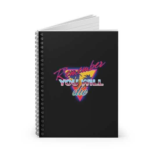 An 80s retro synthwave spiral notebook featuring "Remember You Will Die" with a palm tree design, inspired by memento mori from The Ladder of Divine Ascent by St. John Climacus. Orthodox-themed, perfect for notes and reflections.