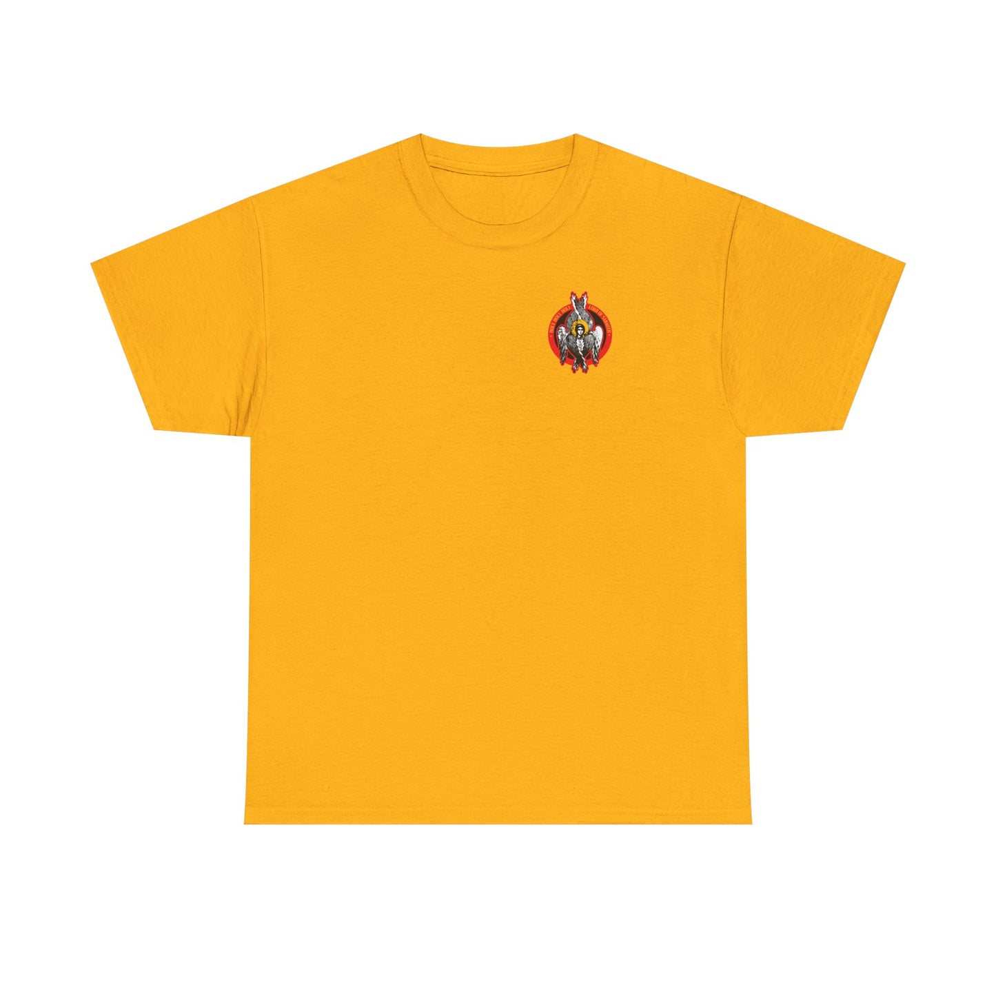 Gold Holy Holy Holy Seraphim Angel Icono-Graphic T-shirt featuring a small, colorful embroidered angel design on the left chest—adds a heavenly touch. Made from midweight cotton, unisex fit.