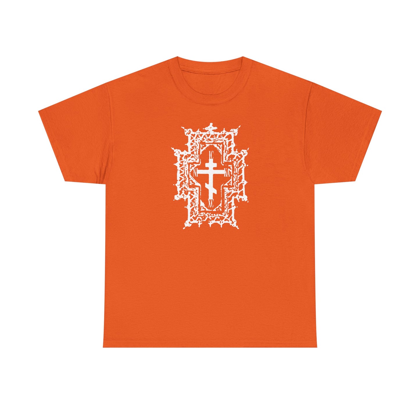 Orange "ICXC NIKA | Jesus Christ Conquers" heavy cotton t-shirt featuring a white Gothic Cathedral style Orthodox cross, symbolizing Jesus' sacrifice and healing through His wounds.