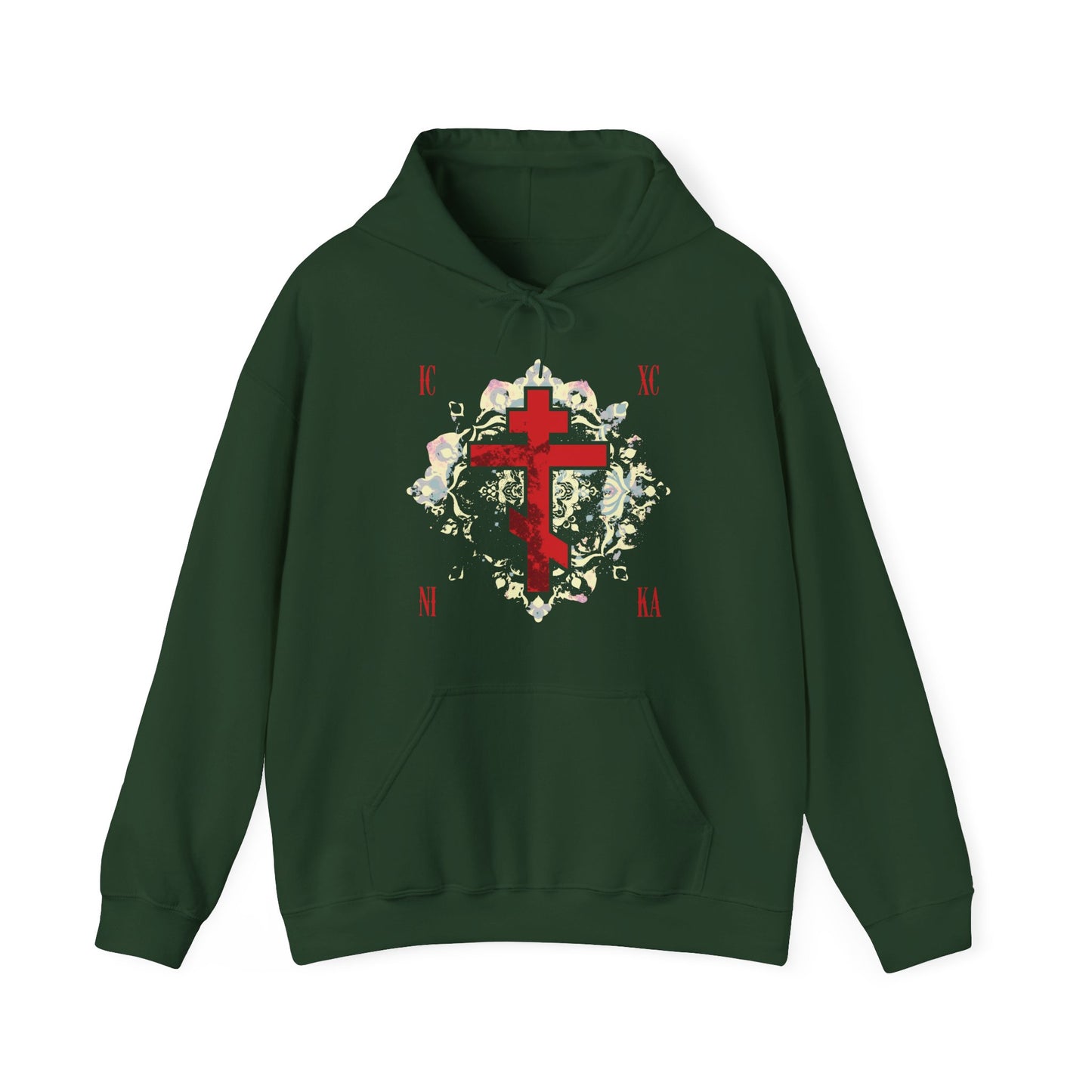 Forest green hoodie featuring a textured red Orthodox cross with a medieval floral background, inspired by the theme "ICXC NIKA Means Jesus Christ Conquers." This Orthodox Christian hoodie blends faith and heritage in its design.