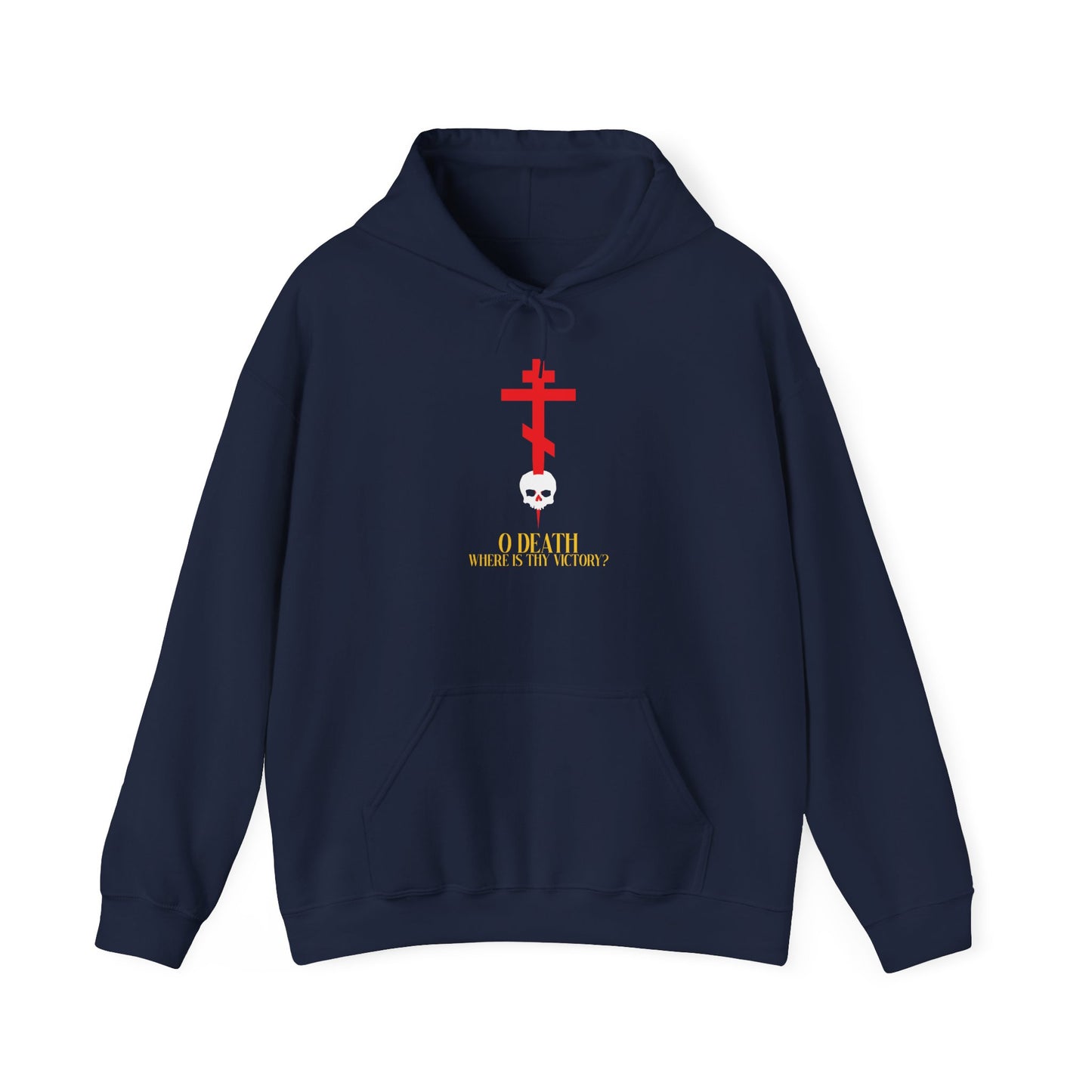 Navy "O Death Where is Thy Victory? (1 Corinthians 15:55)" Orthodox Christian hoodie featuring a red cross stabbing a white skull and yellow text, inspired by the theme of the Resurrection and the powerful hymns of St Romanos the Melodist.