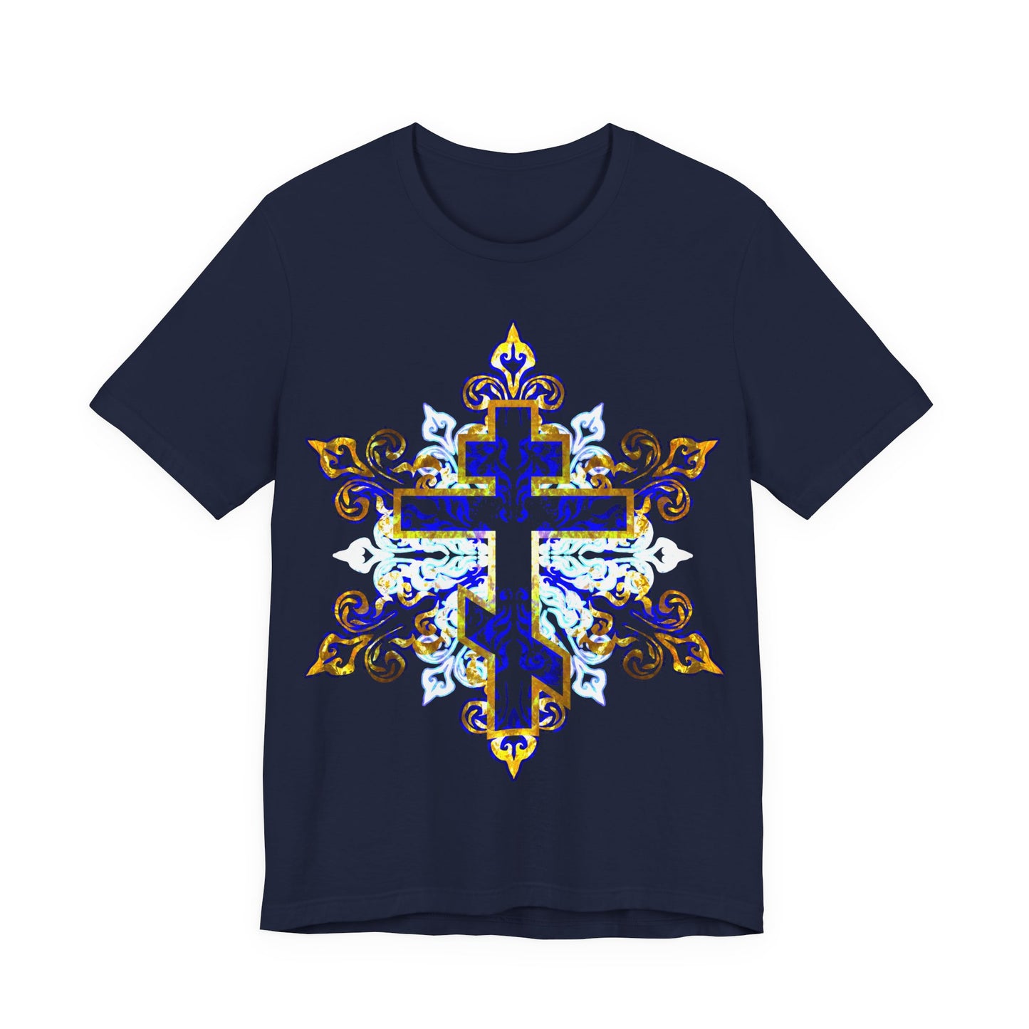 Ornate Glowing Blue White & Gold Cross | Medieval Filigree Design | Orthodox Christian Cotton Unisex T-Shirt
