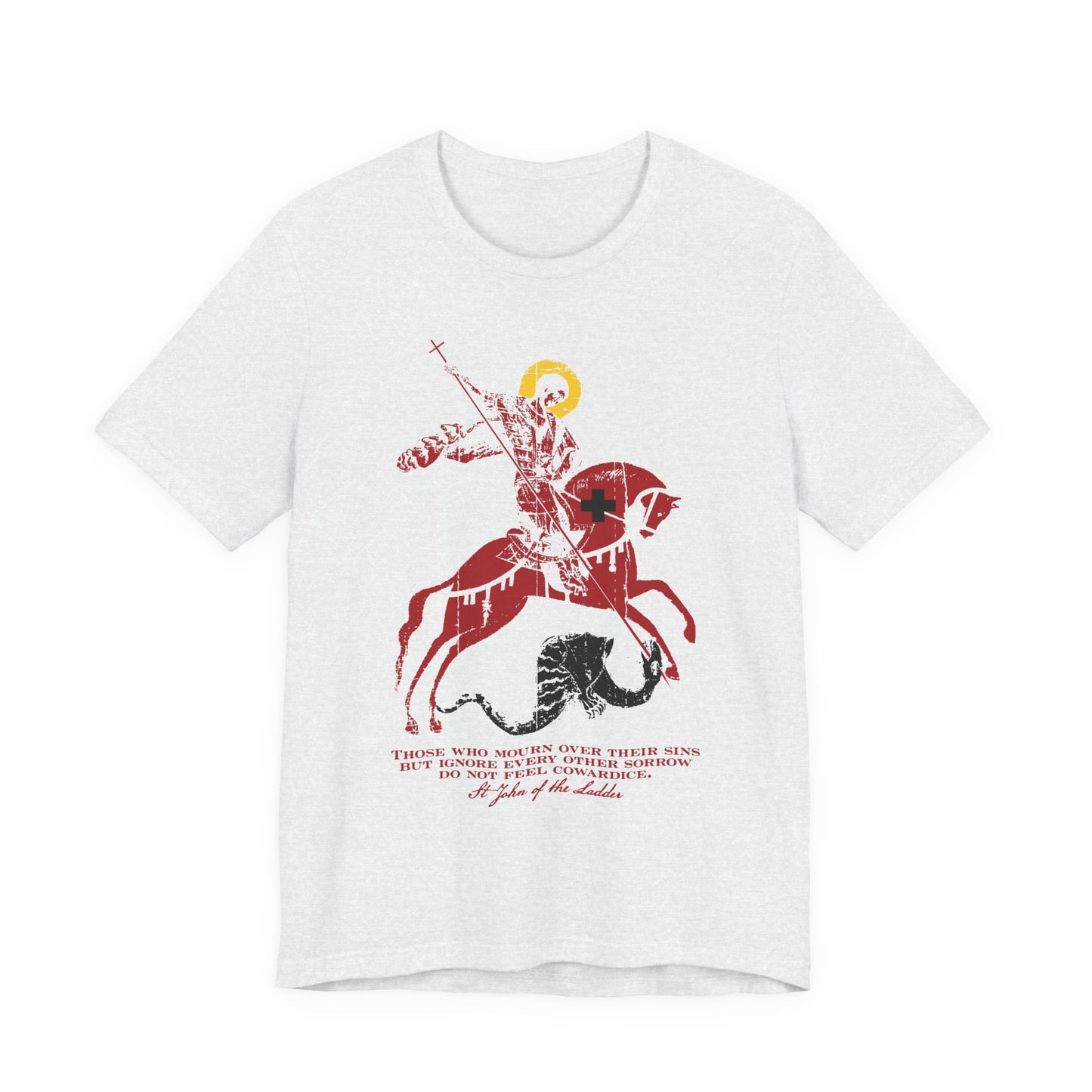 Ash-colored unisex lightweight cotton tee featuring a red St. George slaying the dragon graphic with text beneath and a gold halo, inspired by St John Climacus—an Orthodox Christian design that subtly evokes godly sorrow and mourning for sin.