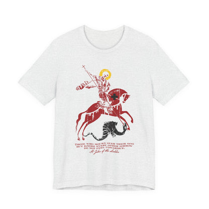 Ash-colored unisex lightweight cotton tee featuring a red St. George slaying the dragon graphic with text beneath and a gold halo, inspired by St John Climacus—an Orthodox Christian design that subtly evokes godly sorrow and mourning for sin.