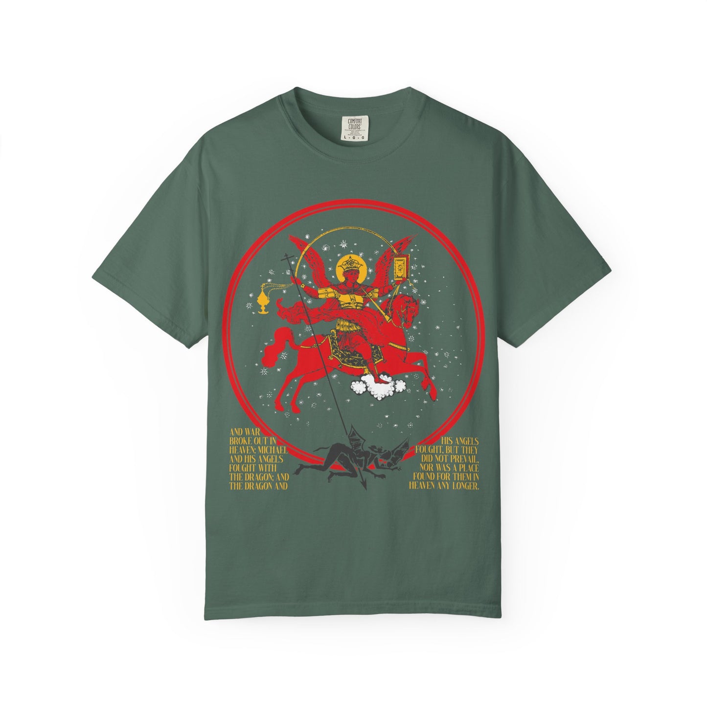 Archangel Michael of the Apocalypse Icono-Graphic | War in Heaven (Rev 12:7-9) | Satan Cast Out | Heavyweight Cotton Unisex T-Shirt