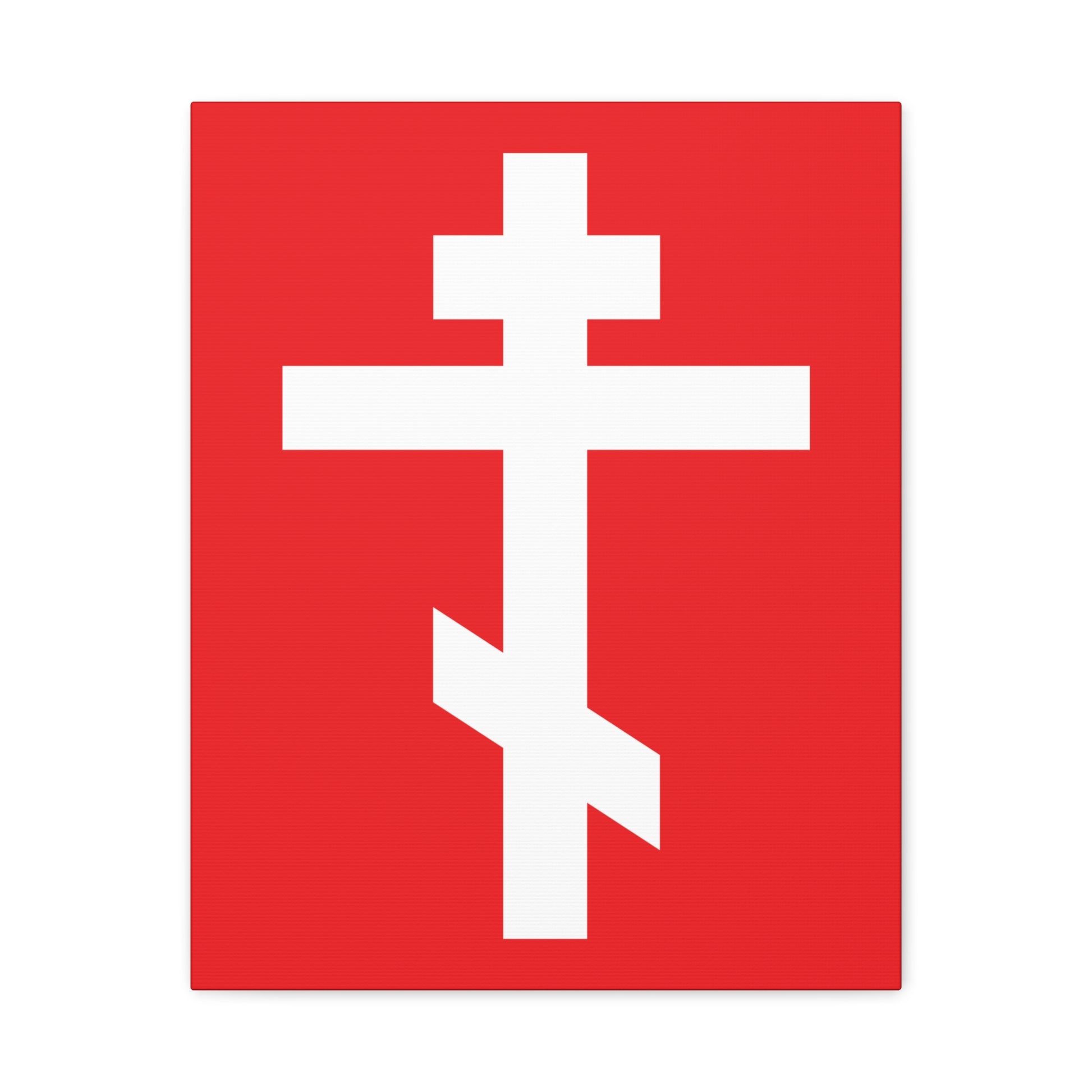 The "White Orthodox Cross Red Background" canvas art features a striking white cross on red, with the words: "May I never boast, except in the cross of our Lord Jesus Christ" (Gal 6:14).