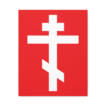 The "White Orthodox Cross Red Background" canvas art features a striking white cross on red, with the words: "May I never boast, except in the cross of our Lord Jesus Christ" (Gal 6:14).