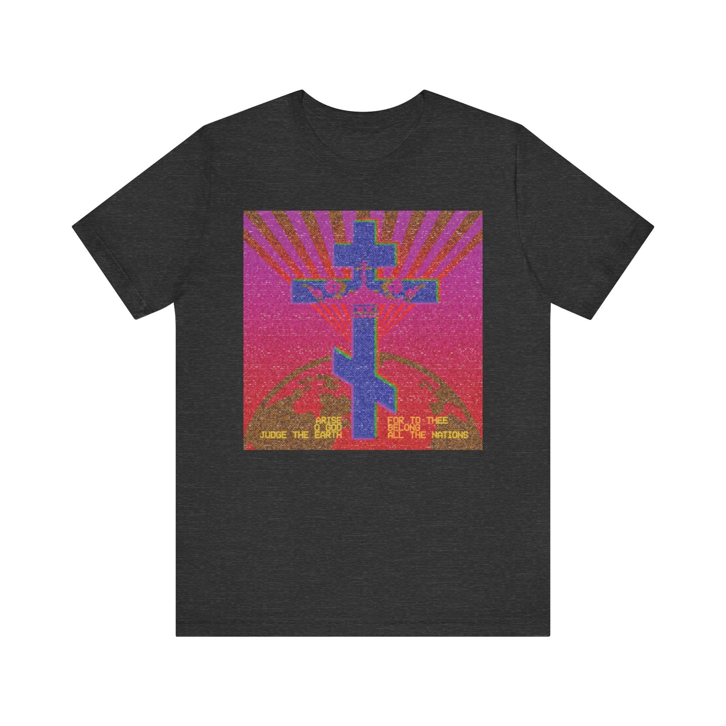 Dark Grey Heather t-shirt featuring an 80s retro pixel design with a blue cross, pink and purple rays, and yellow "judge the earth" text, inspired by Psalm 81 and Orthodox Christian themes. Unisex lightweight cotton.