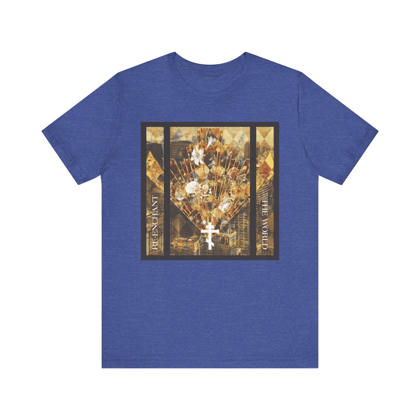 Heather True Royal t-shirt featuring a modern earthtone cityscape with a cross and flowers graphic, and text reading “RENUNCIANT” and “THE WORLD,” celebrating contemporary style alongside the timeless beauty of the Church as Guardian of the Whole World.