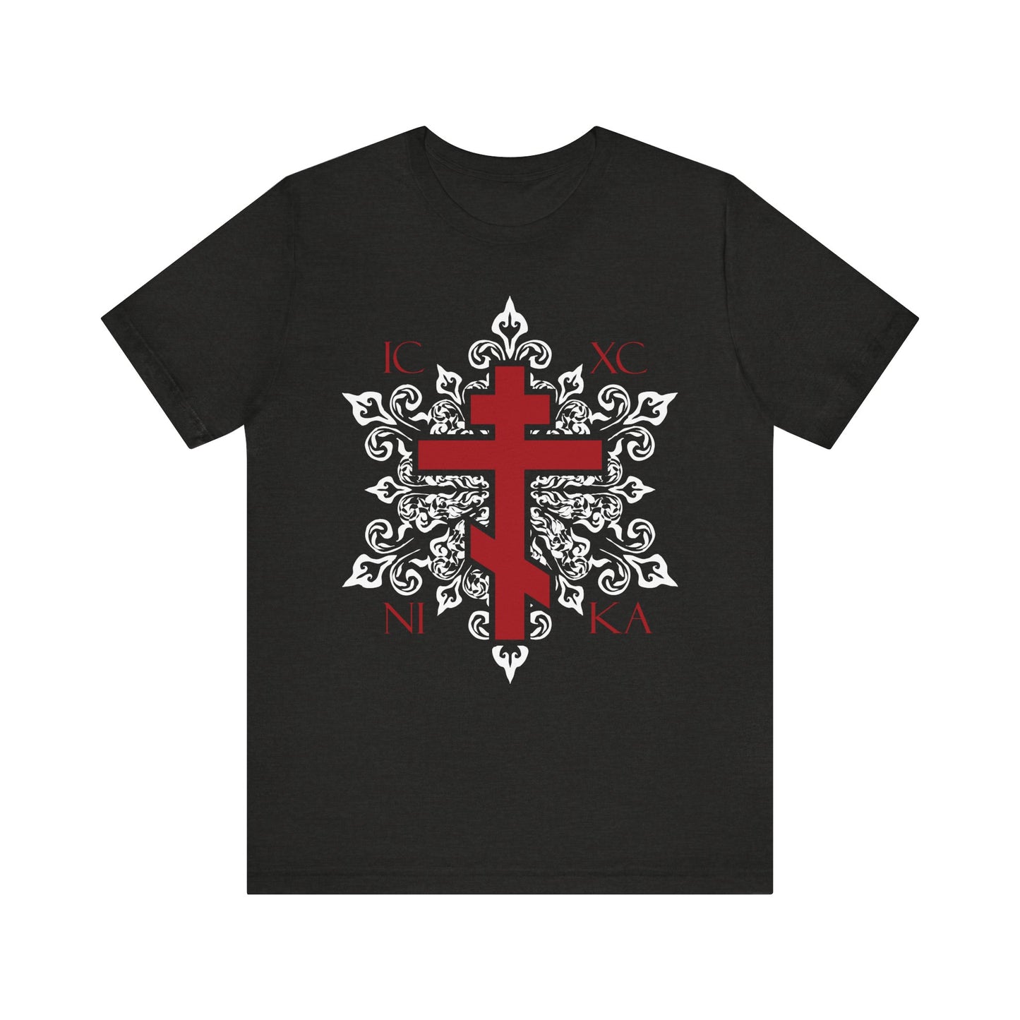 The ICXC/NIKA Red Orthodox Cross Ornate White Medieval Floral T-shirt in Black Heather is a best-selling lightweight cotton unisex tee, featuring Greek symbols and timeless Christian style.