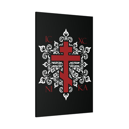 ICXC / NIKA Red Orthodox Cross on Ornate White Medieval Floral Design | Exclusive Best-Selling | Orthodox Christian Canvas Art