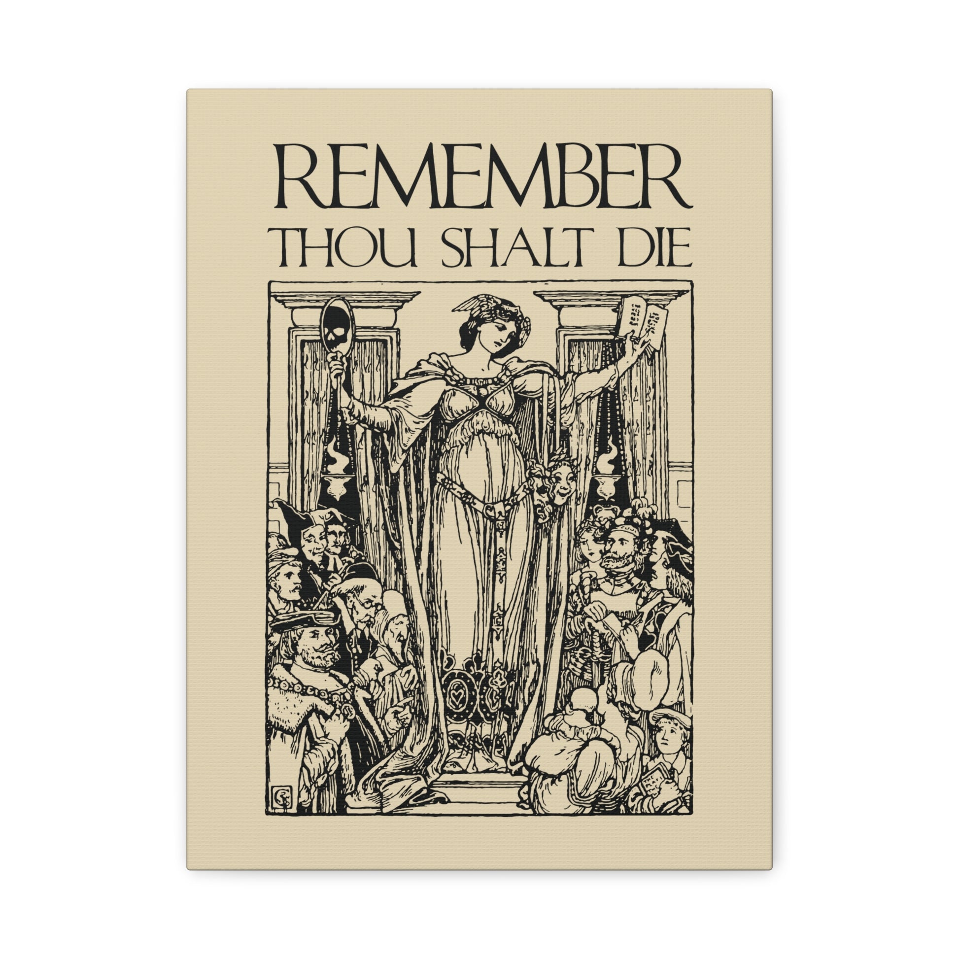 Remember You Will Die Shakespearean Design: a classic woodcut illustration with a woman holding scales and scythe, echoing Christian memento mori themes—perfect wall art for reflection on mortality.