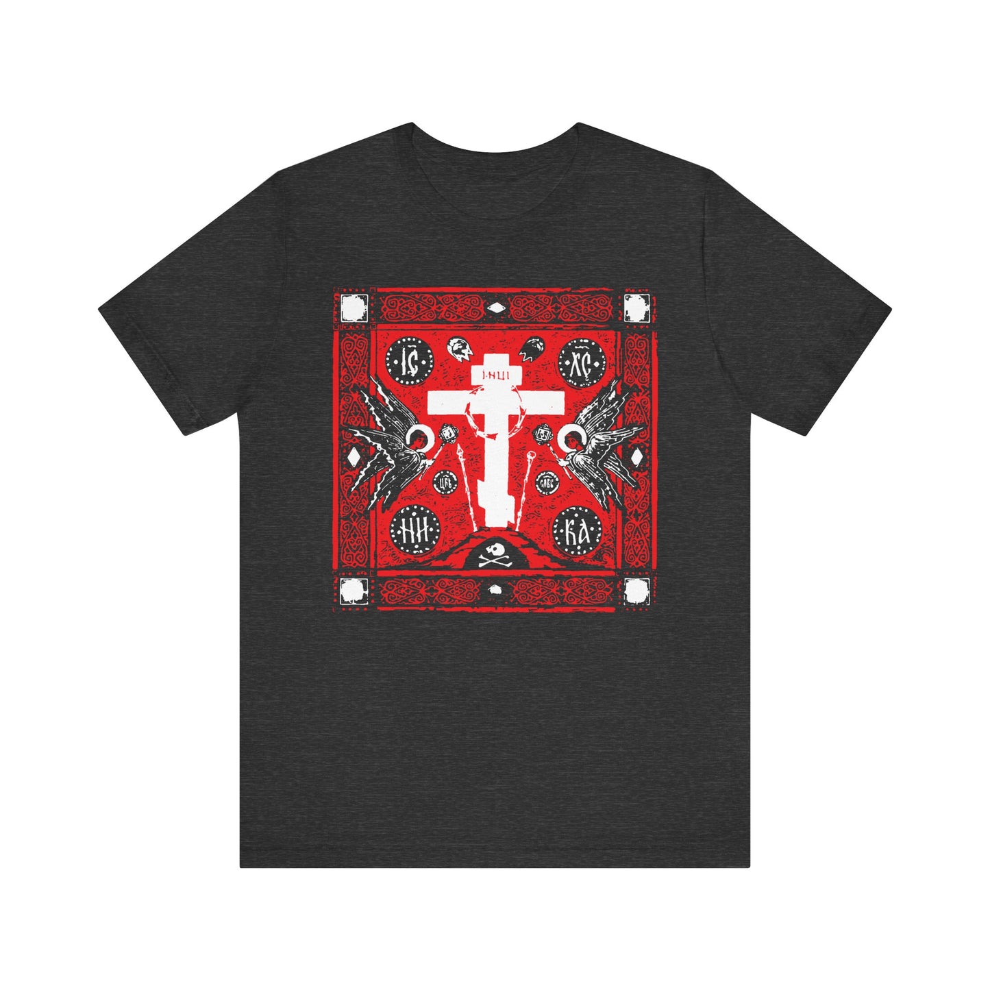 The Adoration of Holy Cross IconoGraphic t-shirt in Dark Grey Heather features a bold red, white, and black Russian cross design with angels—lightweight cotton, unisex fit. Inspired by Novgorod school art.