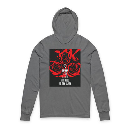 Heaven and Earth Are Full of Thy Glory | Orthodox Liturgical Hymn | Red Roses | Western Typography | Orthodox Long Sleeve Hooded Shirt