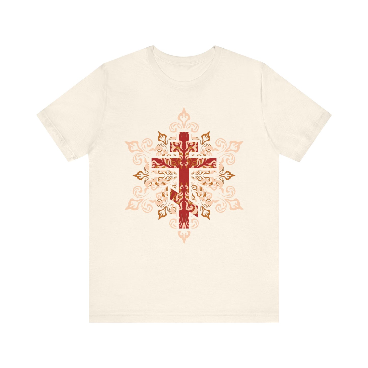 Natural lightweight cotton unisex tee featuring an ornate red, beige, and orange Orthodox cross with decorative floral patterns at the center, inspired by the wisdom of St. Clement of Alexandria. Bears the inscription "Glory to Thy Precious and Life-Giving Cross, O Lord.