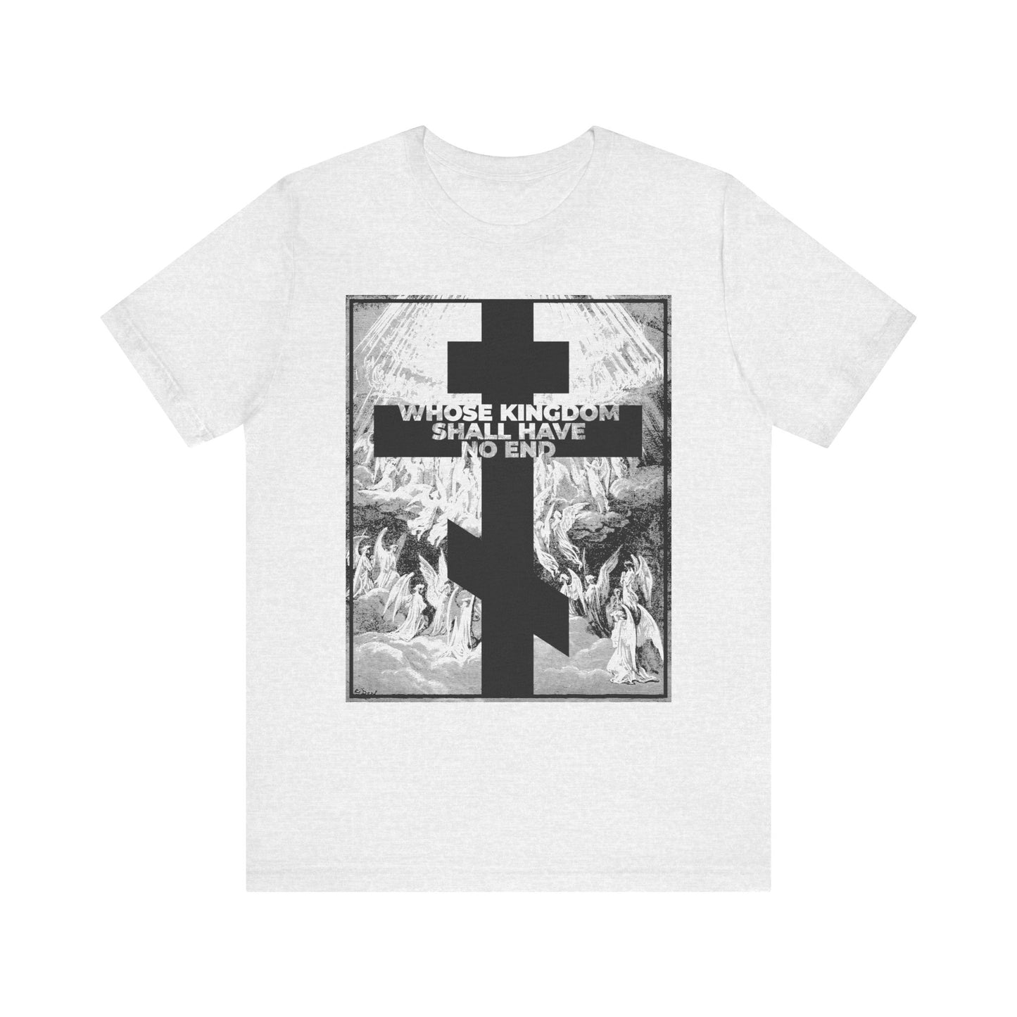 Showcase your faith with the "Whose Kingdom Shall Have No End" Lightweight Cotton Unisex T-Shirt, featuring religious art inspired by Gustave Dore’s Apocalypse and Revelation, a bold black cross, and the powerful Nicene Creed phrase “WHOSE KINGDOM SHALL HAVE NO END” on the front—a profound expression of Christian belief.