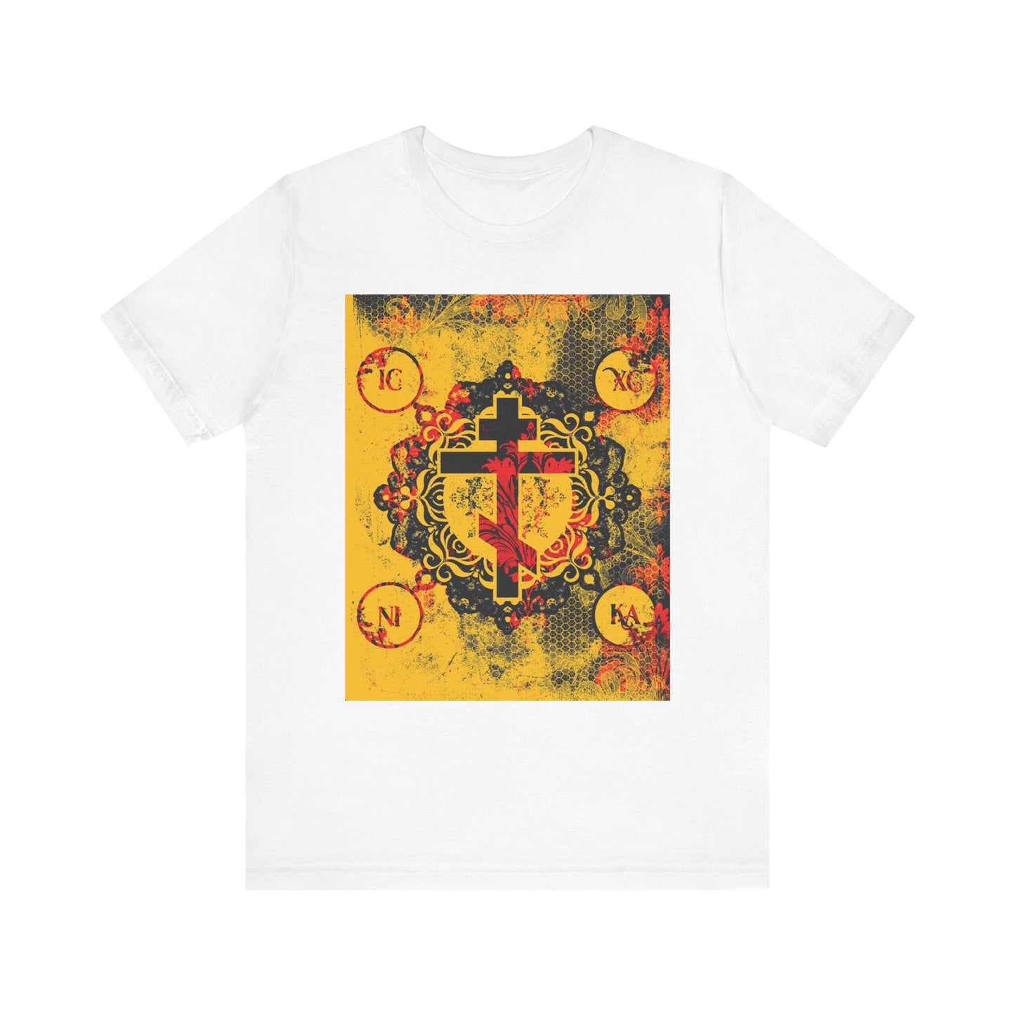 The IC XC NIKA Orthodox Cross white t-shirt features a modern and medieval yellow and red floral cross design, symbolizing Christ’s sacrifice, in lightweight cotton for unisex wear.