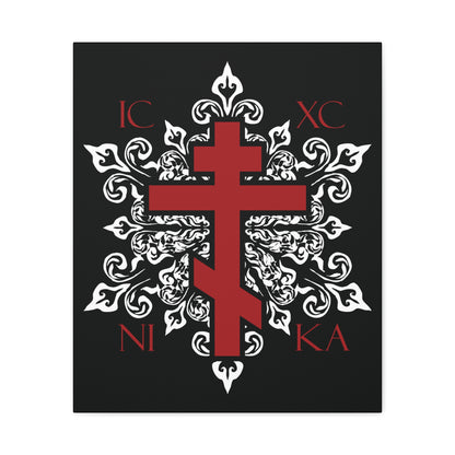 ICXC / NIKA Red Orthodox Cross on Ornate White Medieval Floral Design | Exclusive Best-Selling | Orthodox Christian Canvas Art