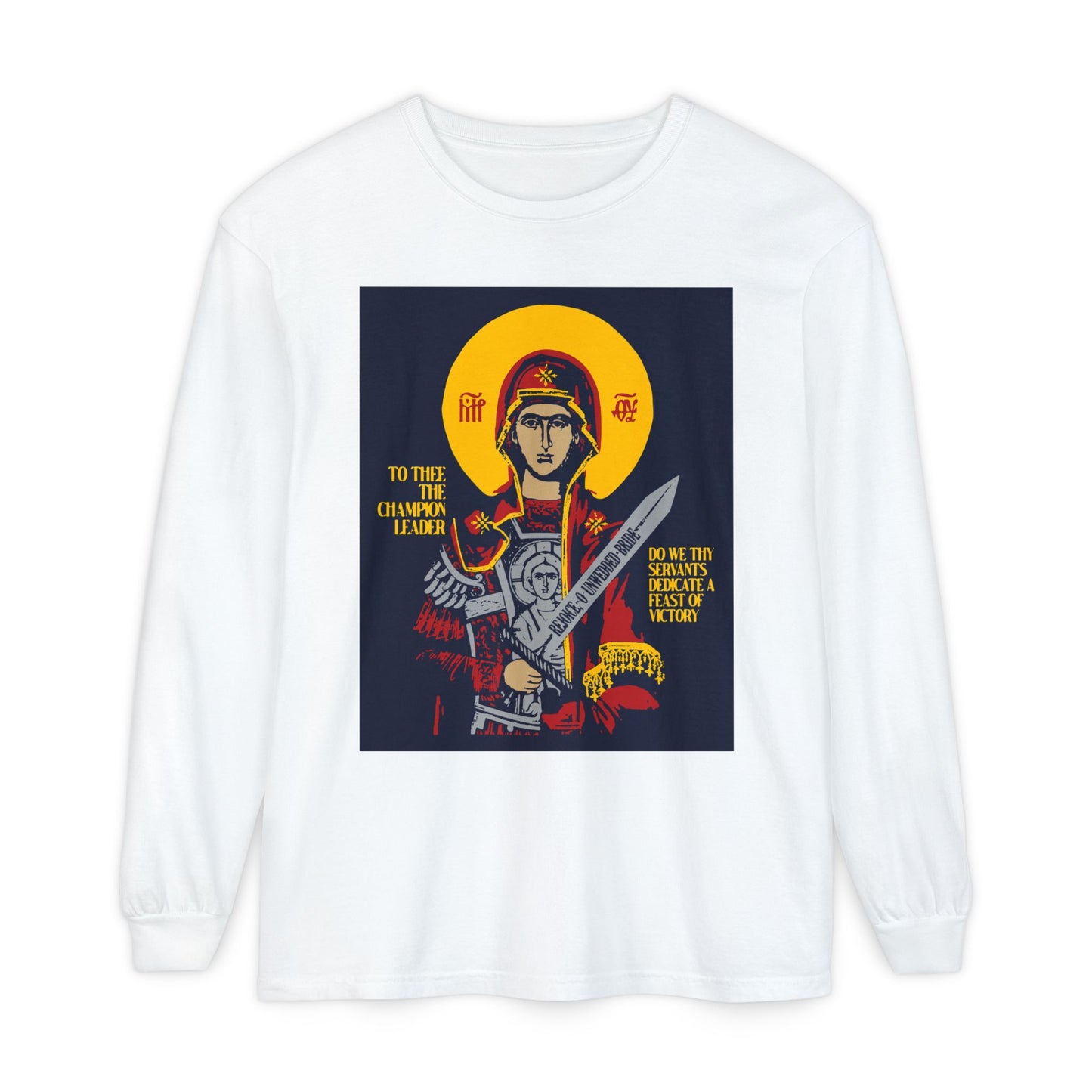 To Thee the Champion Leader | Mother of God | Theotokos with Sword IconoGraphic | Orthodox Christian Long Sleeve Shirt