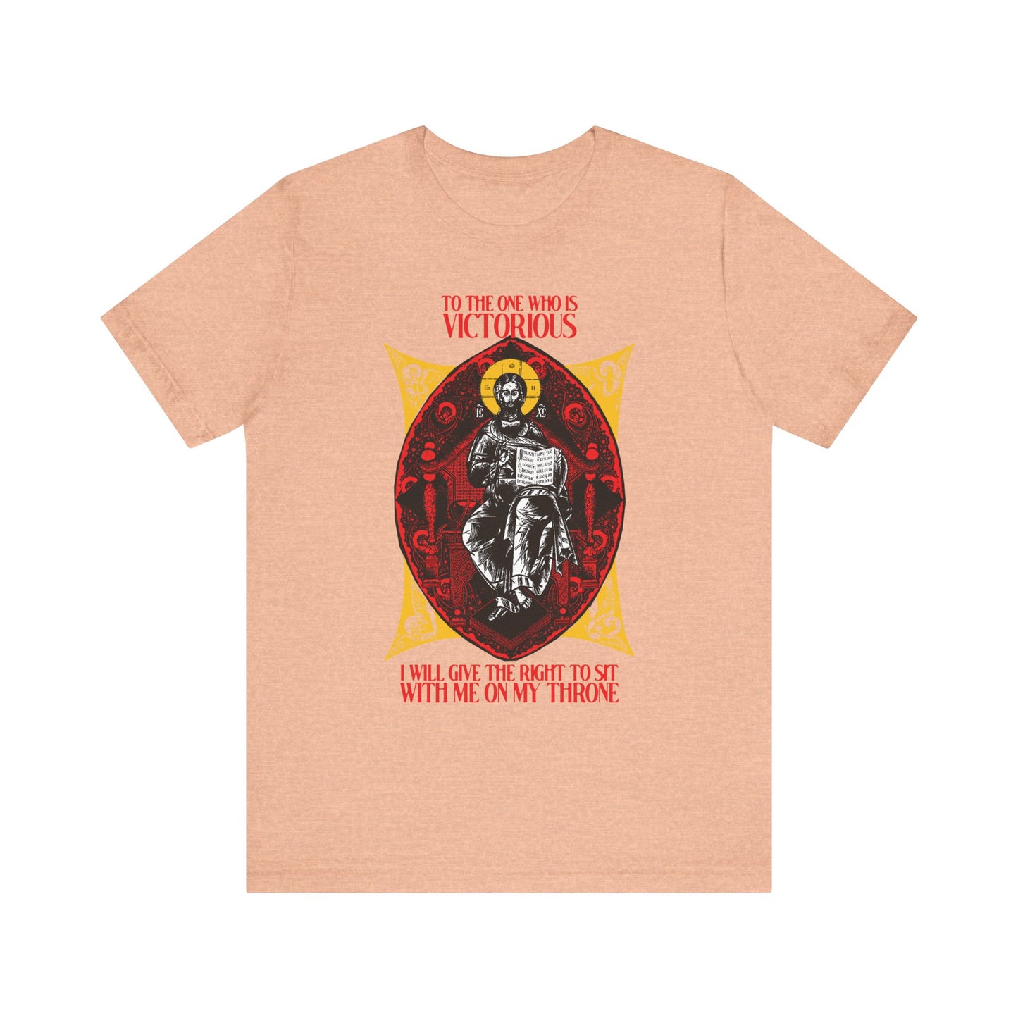 Heather Peach unisex tee—Christ is King, Enthroned In Glory IconoGraphic with “To the One Who Is Victorious” (Rev 3:21)—Orthodox Christian lightweight cotton shirt celebrating the promise to reign with Christ.