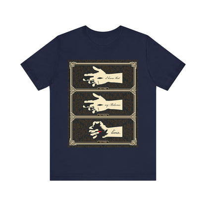 Navy “I Know That My Redeemer Lives” (Job 19:25) t-shirt featuring the crucified hand of Christ in earthtone Americana style—Orthodox Christian apparel evoking hope and resurrection.