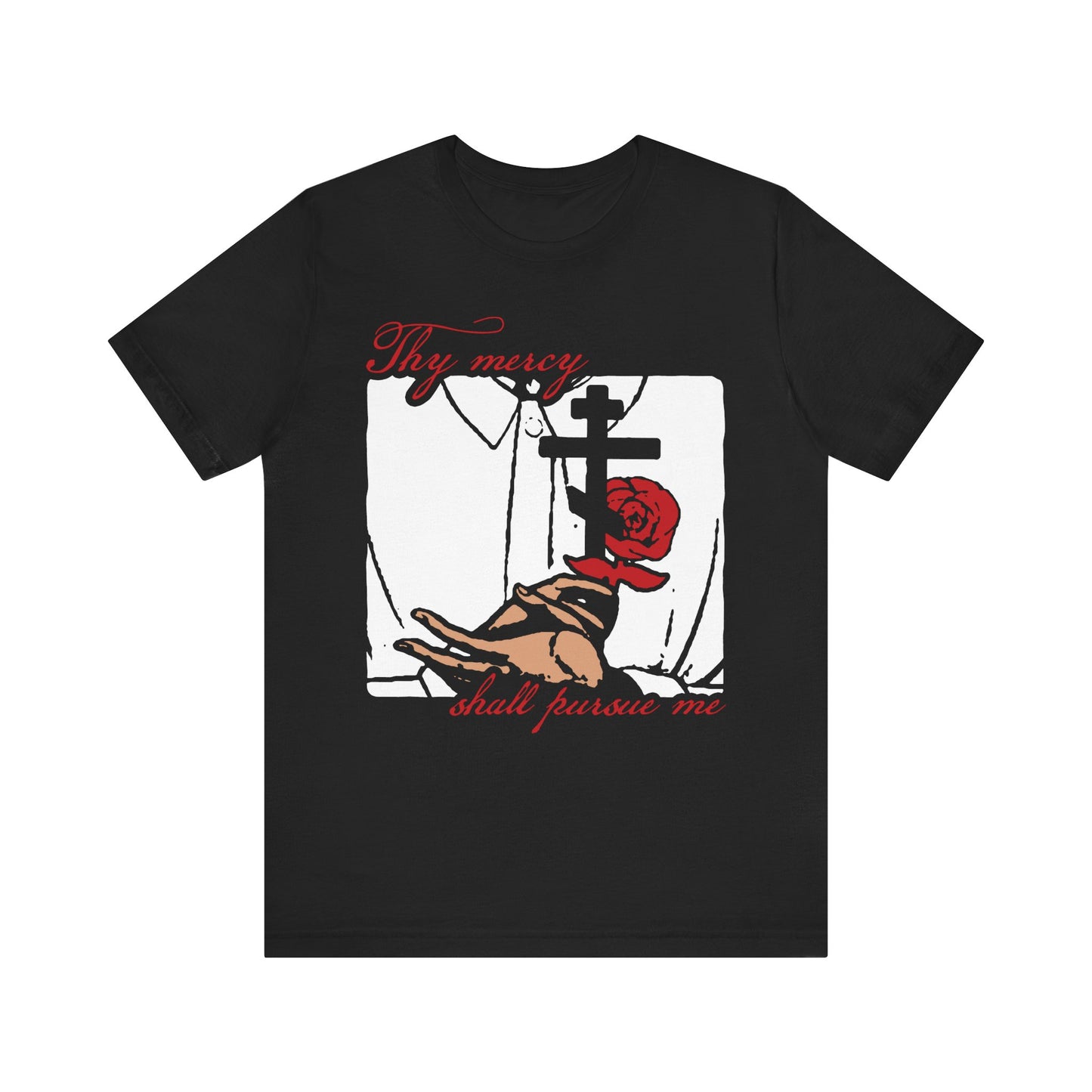 Black Thy Mercy Shall Pursue Me - Psalm 22 (23) lightweight cotton unisex t-shirt featuring an Orthodox Martyr's cross, rose, and praying hands in a striking icono-graphic style, accented with red text: "Thy mercy shall pursue me." Inspired by the path of righteousness and the assurance that the Lord is my shepherd.