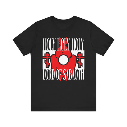 Black unisex tee featuring red seraphim wings, Orthodox crosses, and white “Holy Holy Holy Lord of Sabaoth” text (Isaiah 6:3), inspired by the Divine Liturgy. Lightweight cotton.
