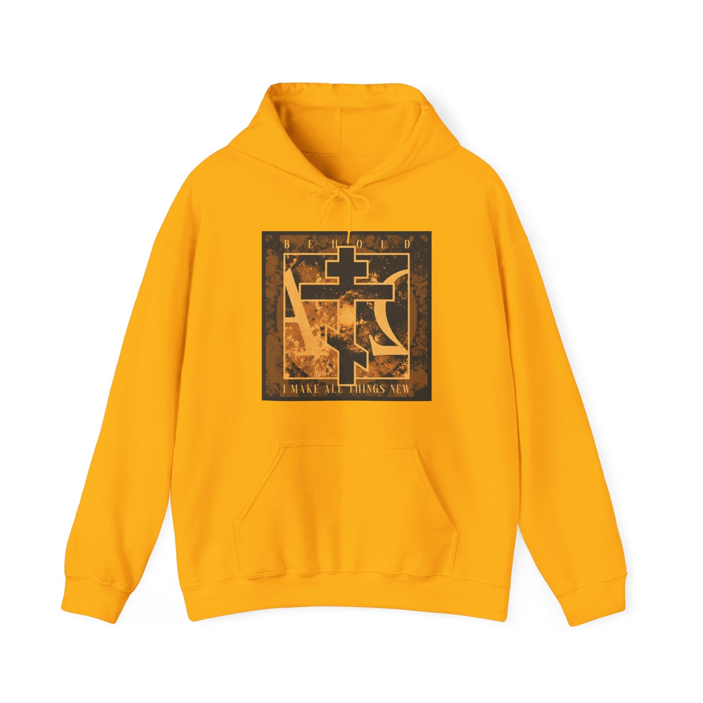 Gold “Behold, I Make All Things New (Rev 21:5)” hoodie featuring brown and orange Orthodox cross, Alpha & Omega background, and inspiring text on the front. Orthodox Christian faith-inspired design.