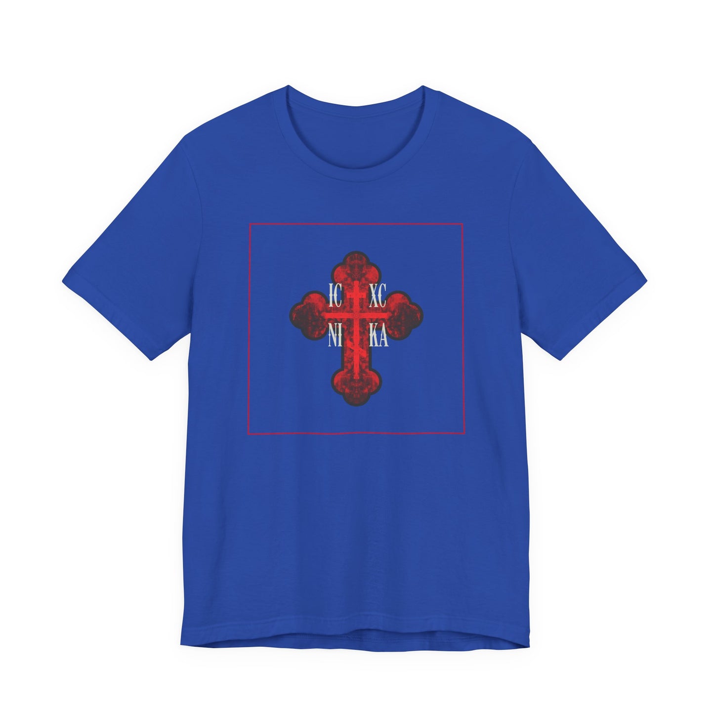 ICXC NIKA Red Glowing Ornate Textured Orthodox Cross | The Cross is the Symbol of Salvation | Christian Cotton Unisex Tee